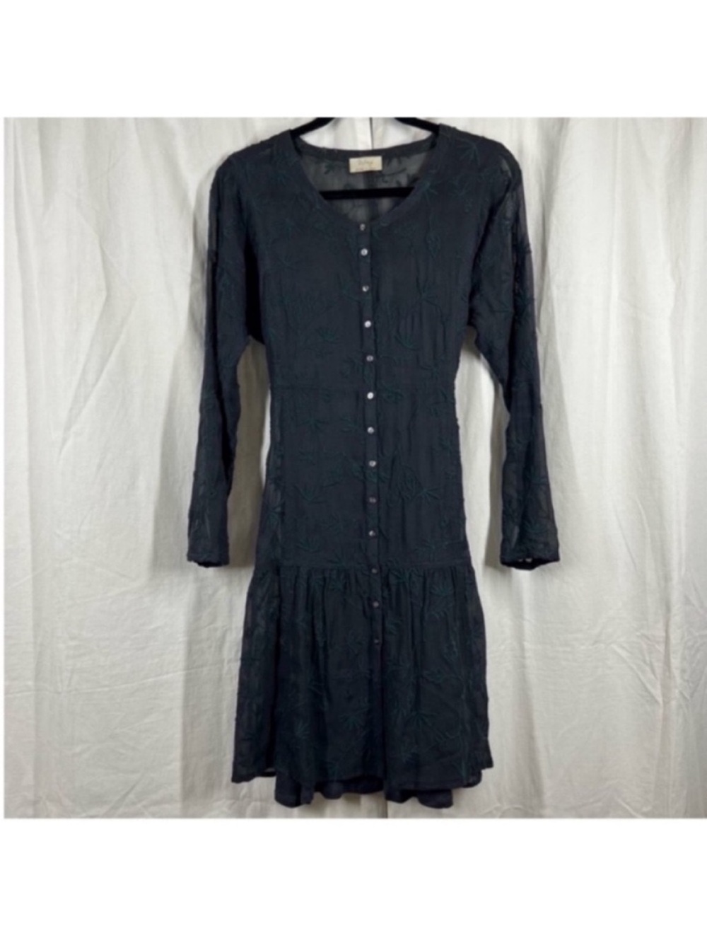 wrap london embroidered floral front button long sleeve navy dress
